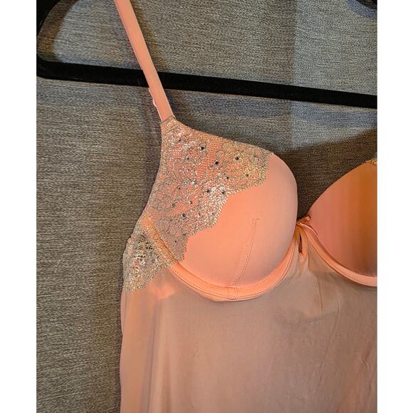 Women Victoria's Secret Size 34B Nightie Pink Peach Lace Rhinestones Push up - Picture 2 of 7